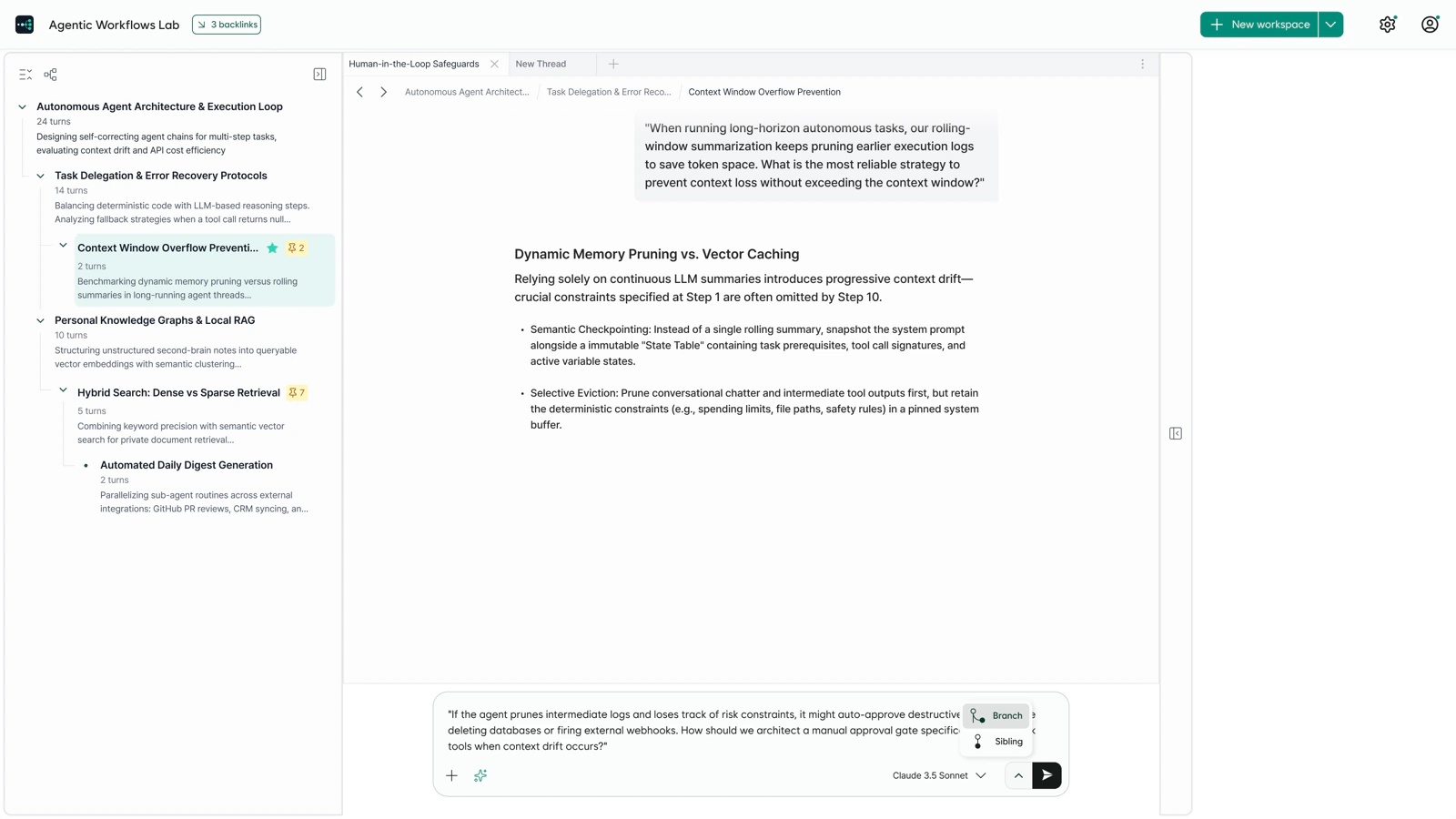 A Workspace in Toggle AI, with the Input Area offering Branch or Sibling