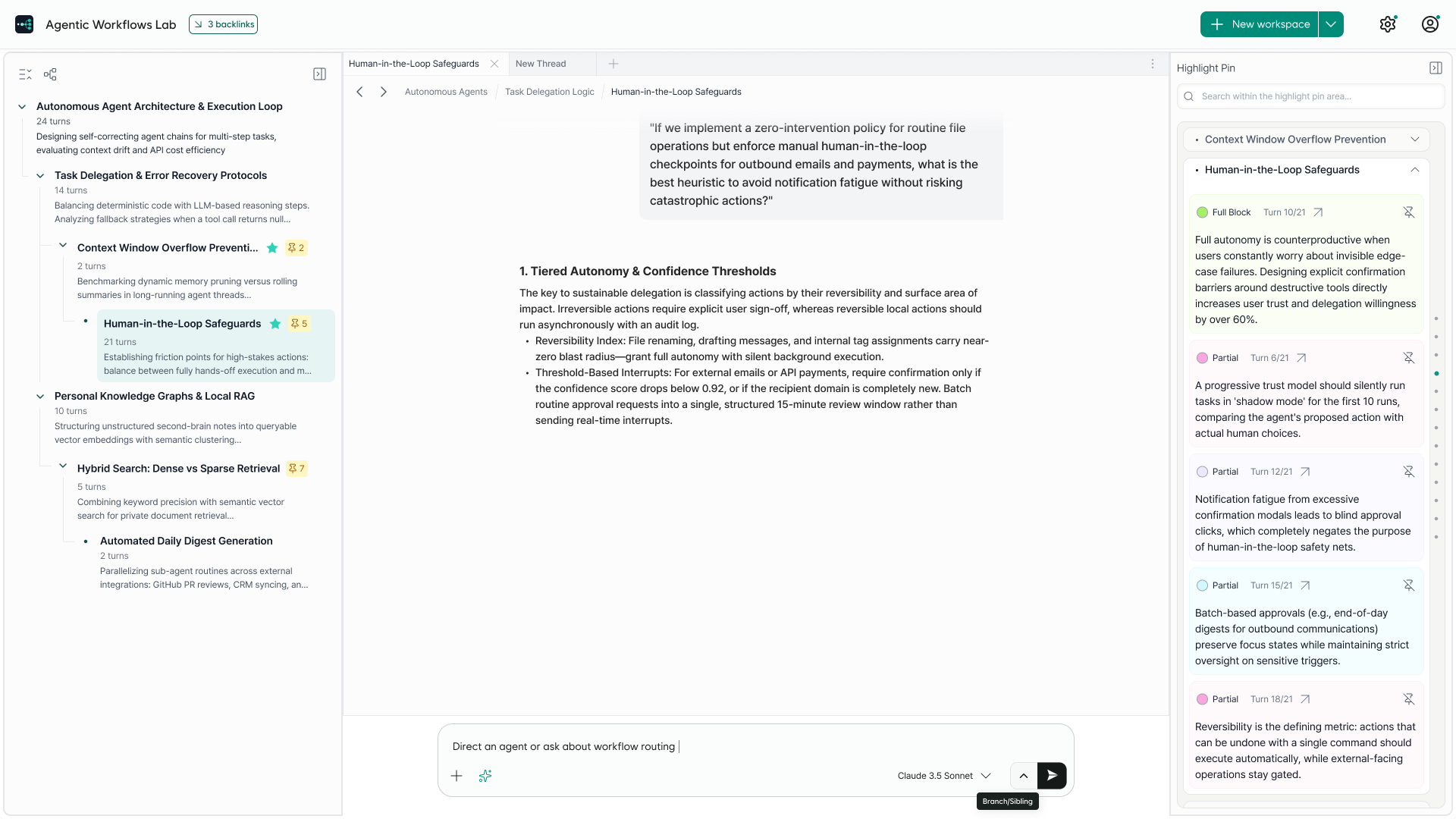 Toggle AI — the Map Panel, the conversation and the Highlight Pin Panel side by side